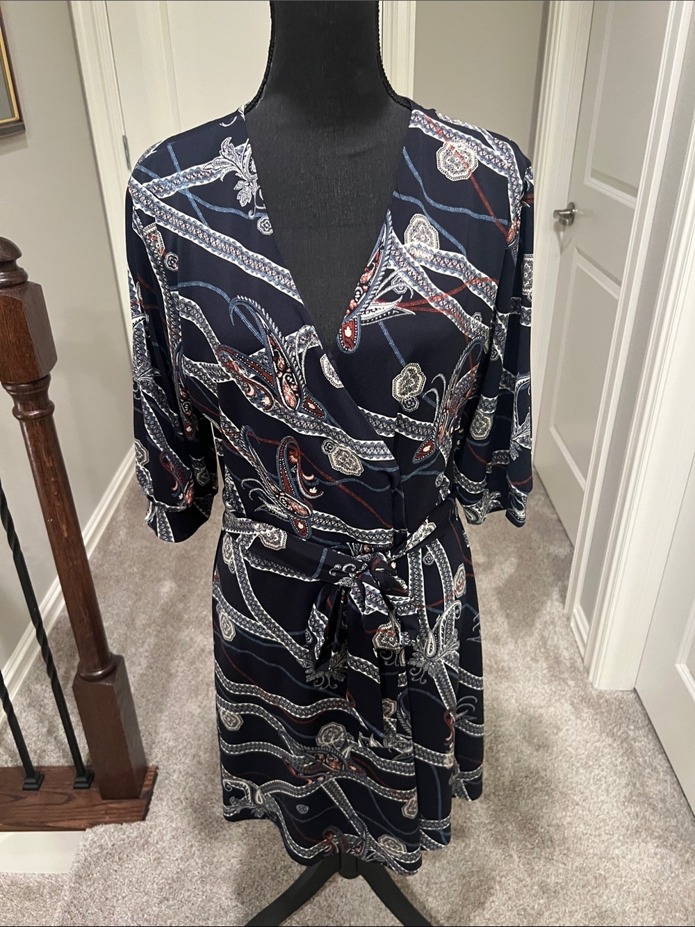 H&M Navy Paisley Wrap-Style Midi Dress with Rust Accents Size Large